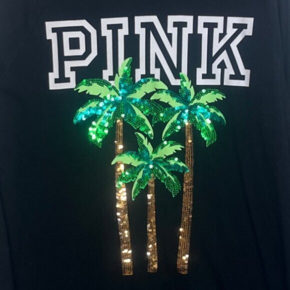 Victorias Secret Pink Long Sleeve Shirt Sequin Palm Trees Medium Black - Picture 5 of 8